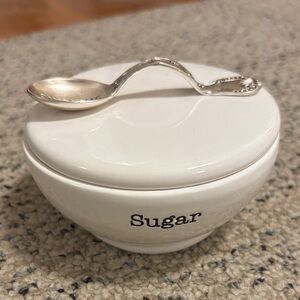 Mudpie White Sugar Bowl with Silver Spoon Handle on Lid